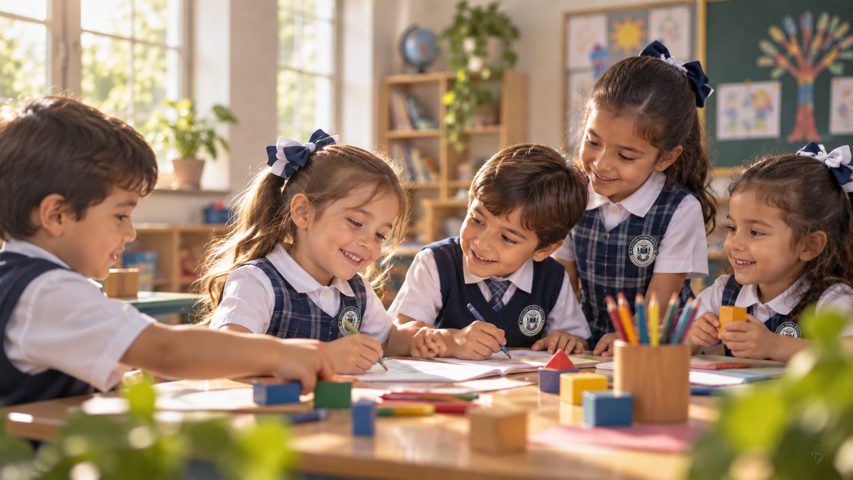 Niñas y niños compartiendo una actividad creativa en el aula.