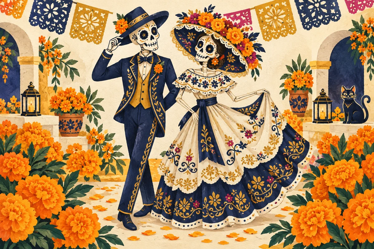 Ilustración de un catrín y una catrina entre flores de cempasúchil.