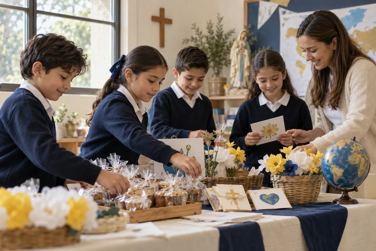 Alumnos y una docente preparan flores de papel y productos para una venta misionera.