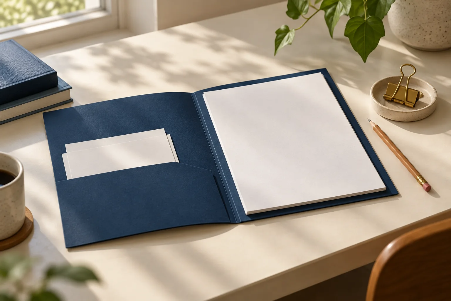 Carpeta azul abierta con hojas en blanco y un lápiz sobre una mesa.