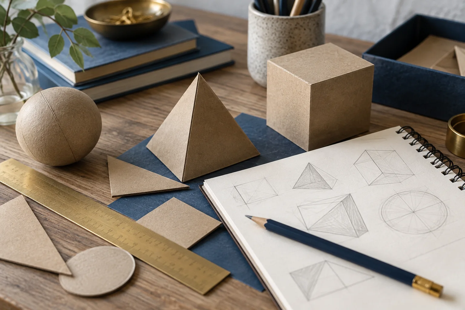 Composición de sólidos de cartón, una regla y bocetos geométricos en un cuaderno.
