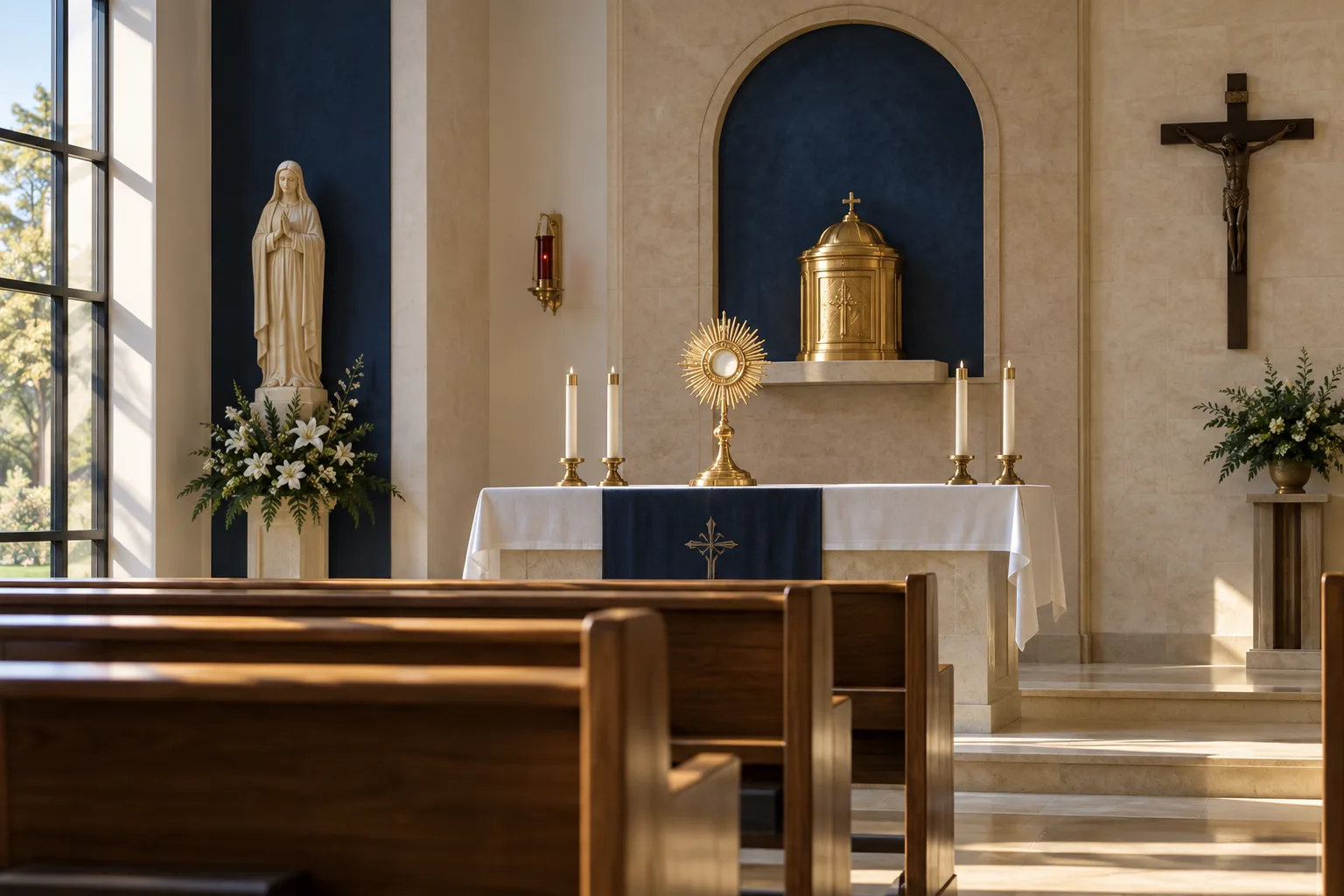 Interior conceptual de una capilla con el sagrario y una custodia eucarística.