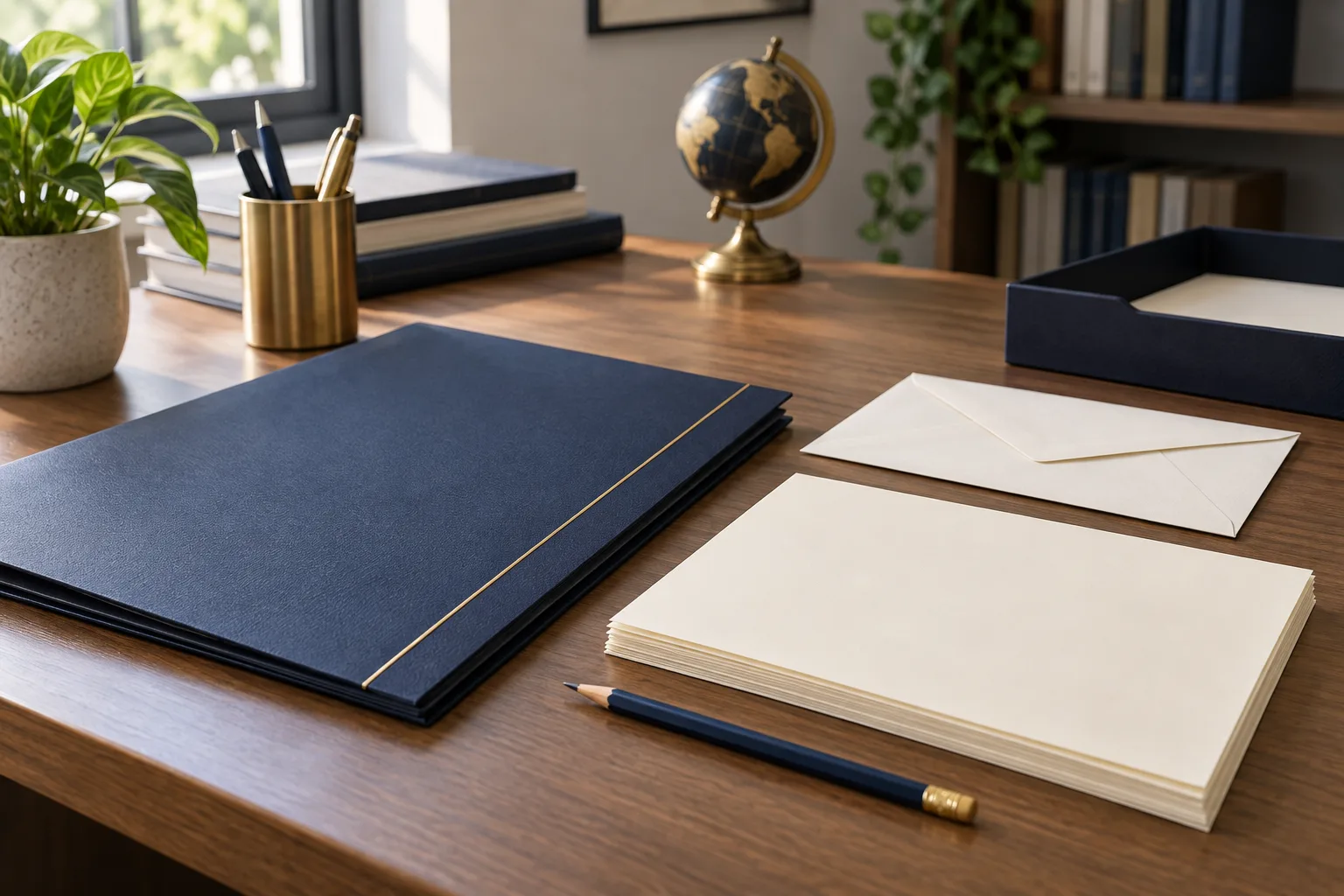 Carpeta azul y hojas en blanco organizadas en un escritorio.