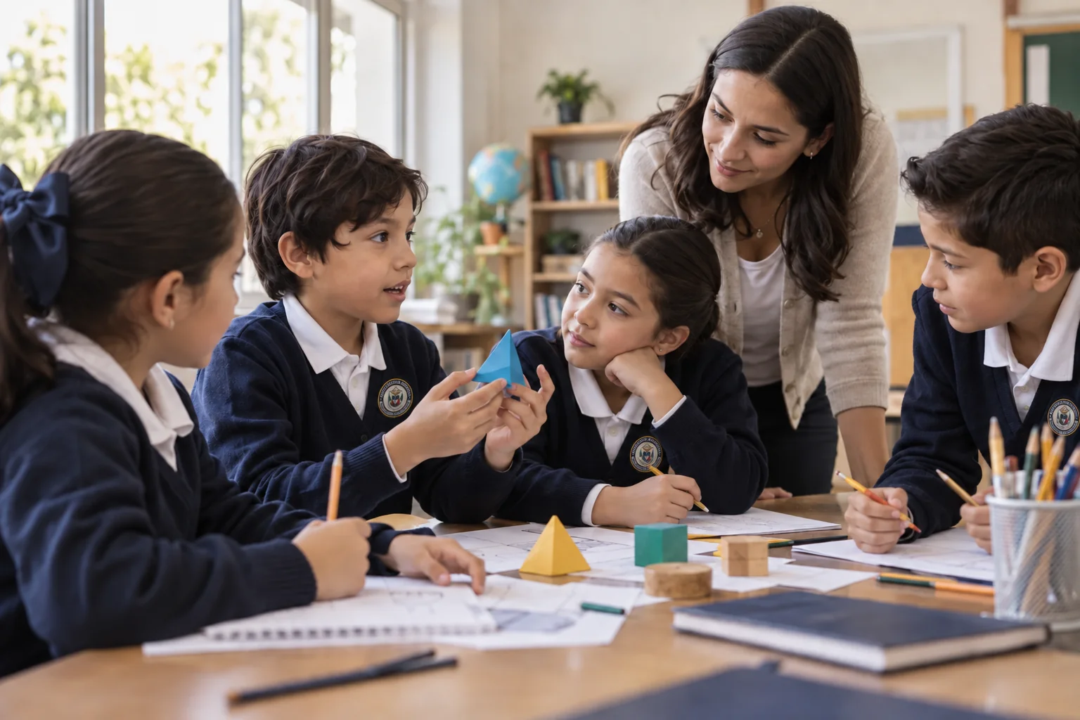 Escena conceptual de estudiantes que colaboran en un proyecto de aula con el acompañamiento de una docente.