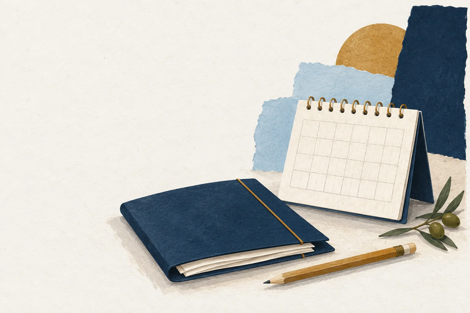Calendario sin fechas, libreta y lápiz sobre una mesa.