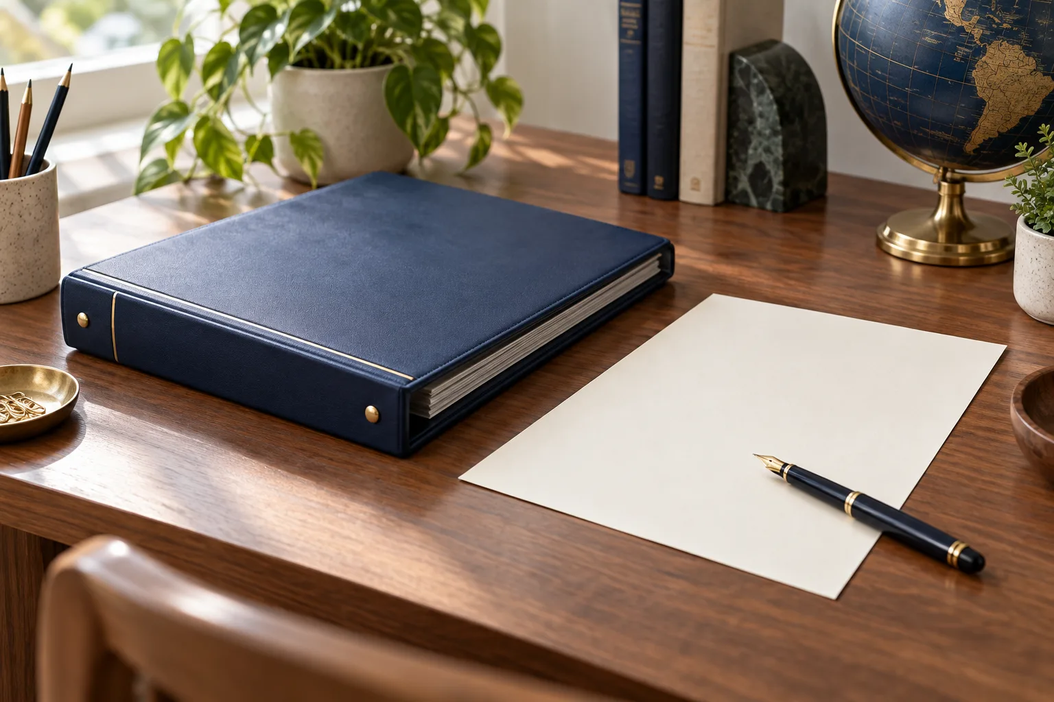 Carpeta azul, pluma y hoja en blanco sobre un escritorio ordenado.