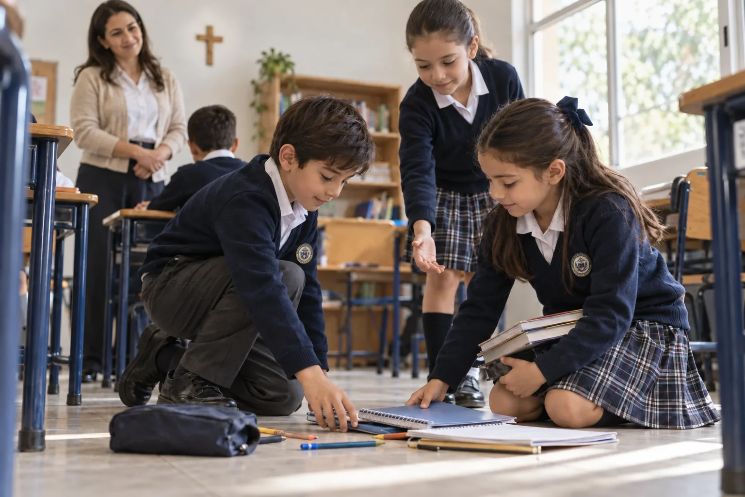 Escena conceptual de una estudiante que ayuda a un compañero a recoger sus libros y útiles escolares.